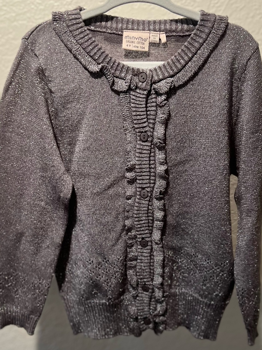 Girls' Metallic Gray Ruffle-Front Cardigan